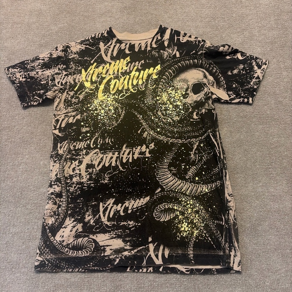 Affliction Xtreme Couture Graphic Skull Snake T Shirt Black All Over Print 0644